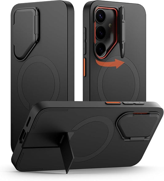 SURITCH for Samsung Galaxy S25 Phone Case, Magnetic Shockproof Bumper Case Slim Protective Cover with Camera Cover & Adjustable Metal Kickstand for Galaxy S25 (2025)-Black