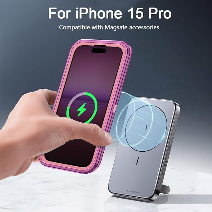 for iPhone 15 Pro Case [Compatible with MagSafe] Shockproof 3-Layer Full Body Protection Rugged Heavy Duty Cover Case for Apple iPhone 15 Pro 6.1",Purple/Pink