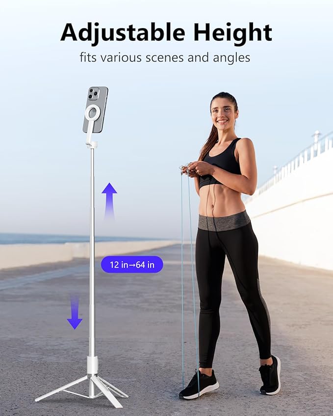 UBeesize Magnetic Tripod for iPhone with Remote, 64’’ Extendable Phone Stand for Video Recording/Vlogging, N52 Strong Holder for iPhone 12-17/Android, Portable Travel Selfie Stick Tripod(White)