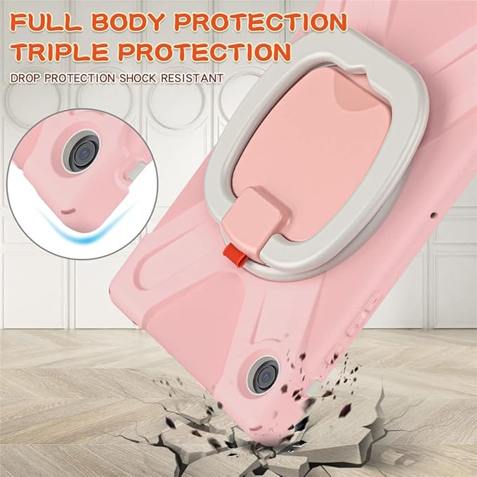 360 Rotation Case for Samsung Galaxy Tab A8 10.5" Sturdy Cover Rotate Ring Stand Shoulder Carrying Strap Hand Strap Rugged Children Adults Outdoor Case, Pink