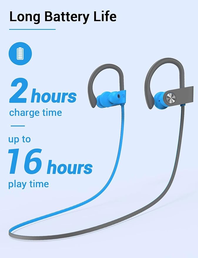 Stiive Bluetooth Headphones, 5.3 Wireless Sports Earbuds IPX7 Waterproof with Mic, Stereo Sweatproof in-Ear Earphones, Noise Cancelling Headsets for Gym Running Workout, 16 Hour Playtime - Bluegrey