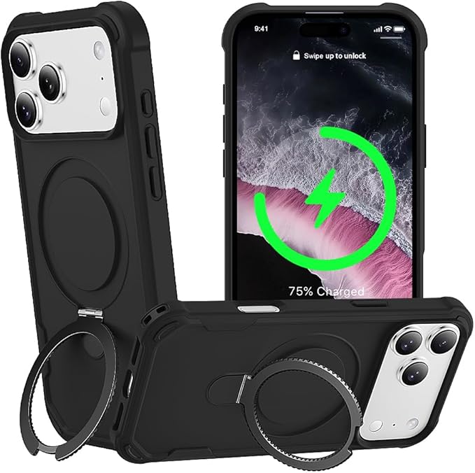 Designed for iPhone 17 Pro Case with Magnetic Stand [Military Drop Protection][Compatible with Magnet] Shockproof 17 Pro Phone Case with Ring Holder, Black