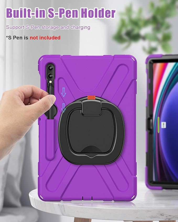 BRAECN Case for Samsung Galaxy Tab S10+/S9 FE+/S9+/S8+/S7 FE/S7+ 12.4” SM-X820/X610/X810/X800/T730/T970, Silicone Cover w/Screen Protector/Handle Grip/Kickstand/Shoulder Strap/S Pen Holder, Purple