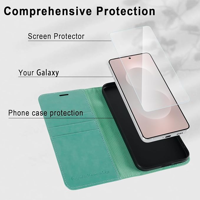 MONASAY Wallet Case Fit for Samsung Galaxy S25 Edge 5G，[Lens & Glass Screen Protector] [RFID Blocking] Flip Folio Leather Cell Phone Cover with Credit Card Holder, 6.7 inch, Mint