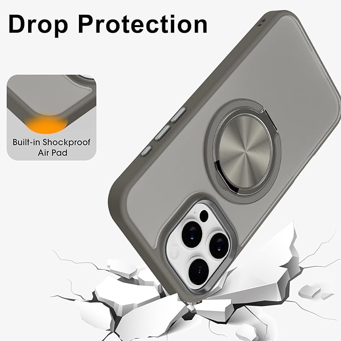 ZIYE Gray Case for iPhone 16 Pro Max Case with Stand [Compatible with MagSafe] Slim Heavy Duty Protection Military Grade Shockproof Magnetic Cover with 360 Rotatable Ring Kickstand for Women Men