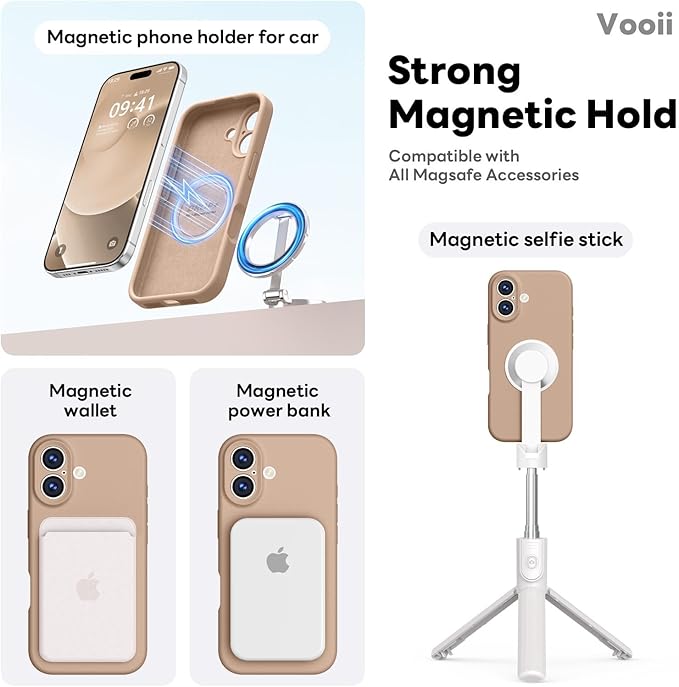 Vooii Magnetic Compatible with iPhone 17 Case (Compatible with Magsafe) (Upgraded Camera Protection) Liquid Silicone Shockproof Full Body Protective Phone Cover for Women Men, Light Brown, 6.3"