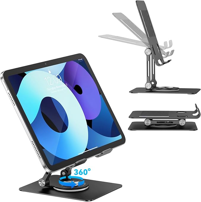 JUANWE Swivel iPad Stand for Desk, Aluminum Tablet Stand for Desk with 360 Rotating Base, Adjustable & Foldable iPad Holder, Compatible with Tablets, Switch, Kindle, Phone