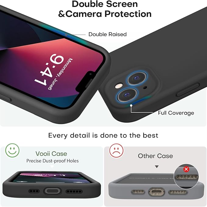Vooii Compatible with iPhone 13 Case, Liquid Silicone Upgrade [Camera Protection] [Soft Anti-Scratch Microfiber Lining] Shockproof Phone Case for iPhone 13 6.1 inch - Black