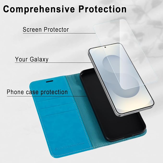 MONASAY Wallet Case Fit for Samsung Galaxy S25 5G, [Lens & Glass Screen Protector Included] [RFID Blocking] Flip Folio Leather Cell Phone Cover with Credit Card Holder, 6.2 inch, Light Blue