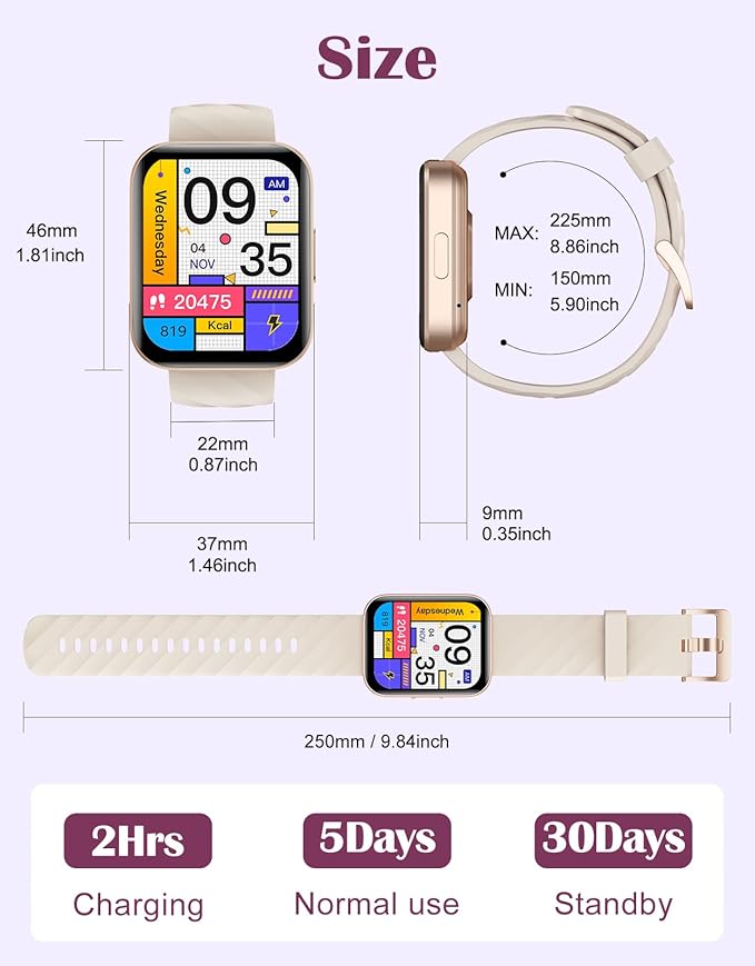 RUIMEN Smart Watches for Women Men (Answer/Make Calls) Compatible with iPhone/Android Phones, 1.85" HD Screen Fitness Tracker Heart Rate Monitor 100+ Sports Tracker Watch Waterproof (Milky White)