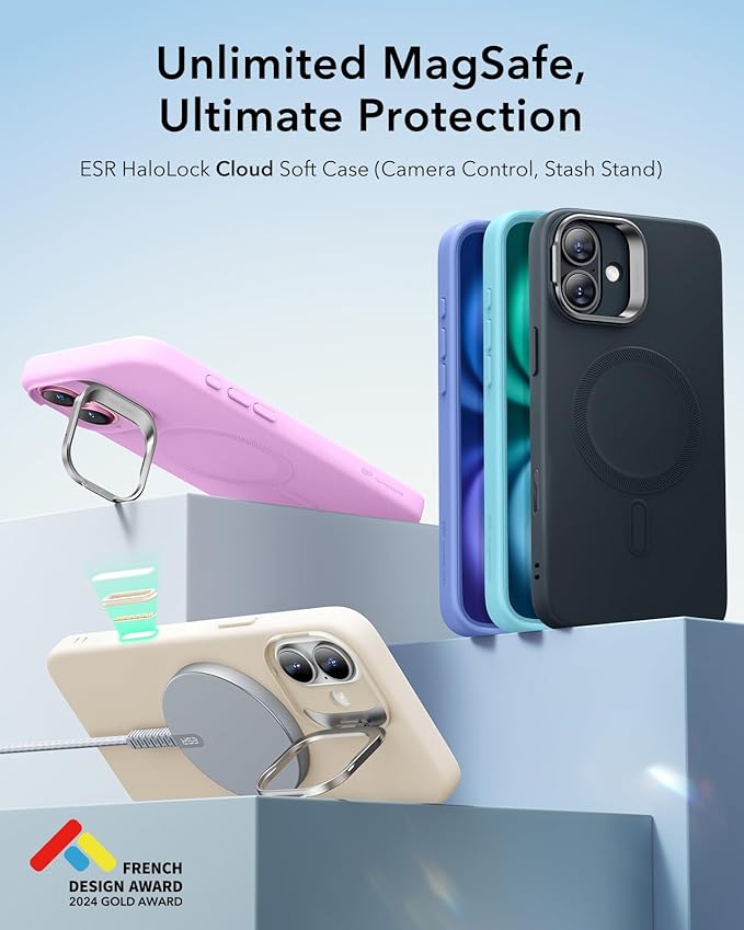 ESR for iPhone 16 Case, Camera Control Button Silicone Case with Stand, Compatible with MagSafe, Built-in Camera Stash Stand, Magnetic Phone Case, Cloud Series, Ultramarine
