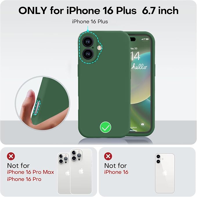 Vooii Compatible with iPhone 16 Plus Case, Liquid Silicone Upgrade [Camera Protection] [Soft Anti-Scratch Microfiber Lining] Shockproof Phone Case for iPhone 16 Plus 6.7 inch - Green