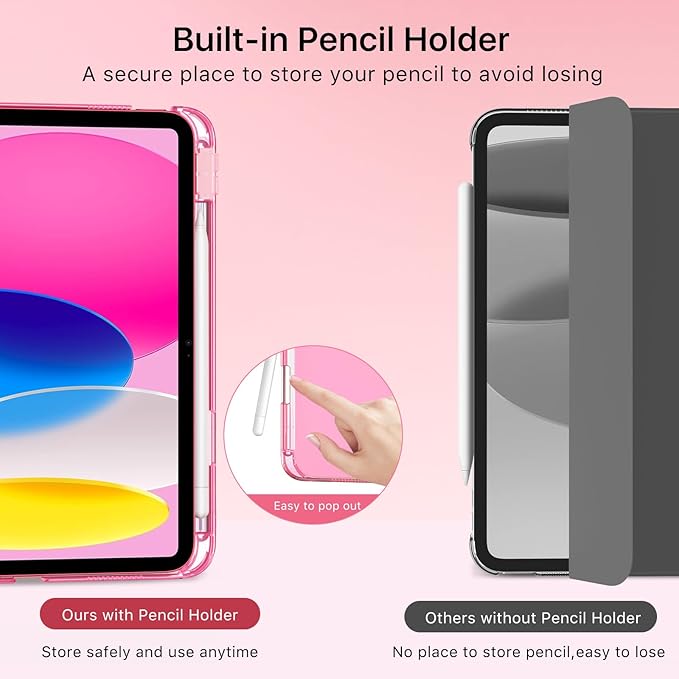 MoKo for iPad (A16) 11th Generation Case 11 Inch 2025, iPad 10th Gen Case 10.9 Inch 2022 with Pencil Holder, Slim Light Trifold Protective Cover with Hard PC Translucent Back Shell, Persian Pink