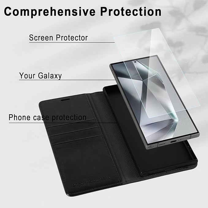 MONASAY Wallet Case Fit for Samsung Galaxy S24 Ultra 5G，[Lens & Glass Screen Protector] [RFID Blocking] Flip Folio Leather Cell Phone Cover with Credit Card Holder, 6.8 inch, Black