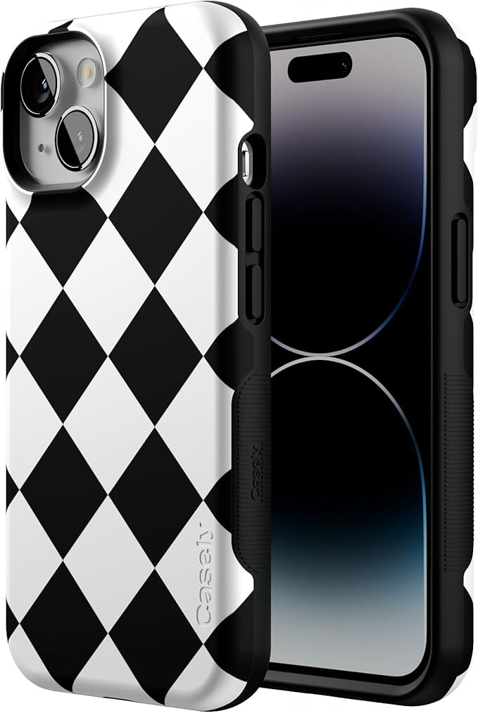 Casely iPhone 14 Case | Black Checkerboard | High Contrast Design | Compatible with MagSafe | Bold Protective Design