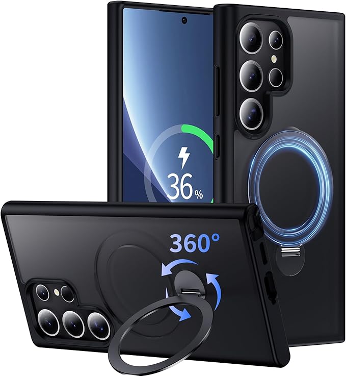 for Samsung Galaxy S25 Ultra Case,Compatible with Magsafe [Wireless Charging],with 360°Rotatable Magnetic Ring Stand Matte Translucent Slim Soft Edge Phone Kickstand,Black