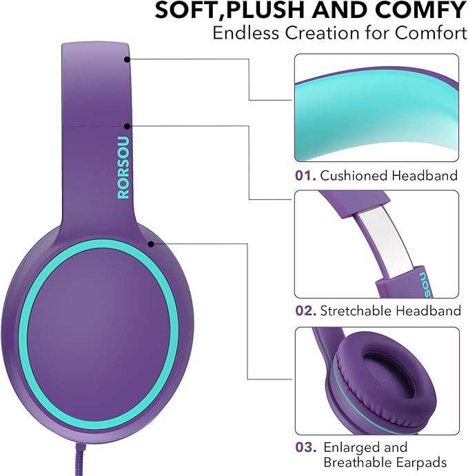 RORSOU R10 Over-Ear Headphones with Microphone, Lightweight Folding Stereo Bass Headset with 1.5M No-Tangle Cord, Portable Wired Headphones for Smartphone Tablet Computer MP3 / 4 (Purple)