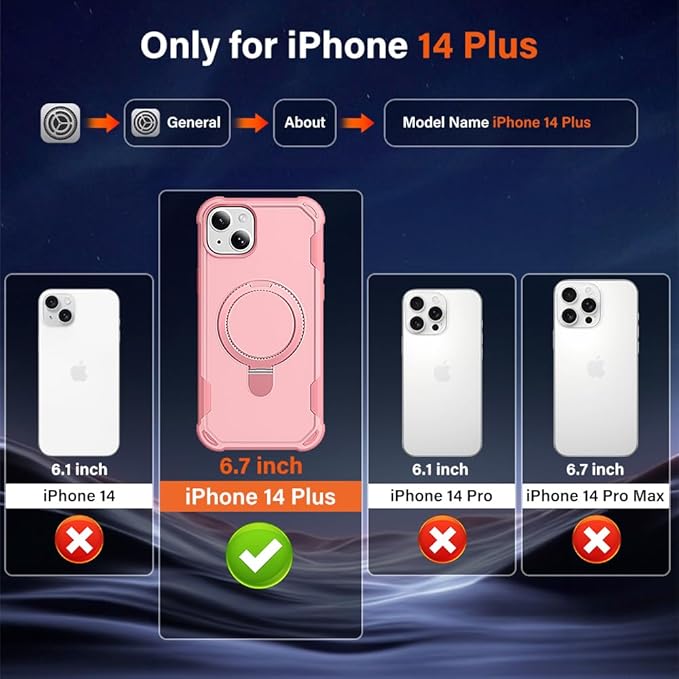 Designed for iPhone 14 Plus Case with Magnetic Stand [Military Drop Protection][Compatible with Magnet] Shockproof 14 Plus Phone Case with Ring Holder, Pink