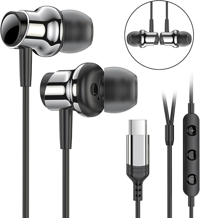 USB C Headphone for Samsung S25 S24 S23 Ultra FE S22 A55 A54 Wired Earbuds Magnetic in-Ear Type C Earphone with Mic Volume Control Stereo Noise Canceling Earbuds for iPhone 17 16 15 Pro Max Pixel 9 8a