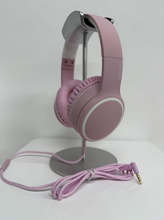 RORSOU R10 Over-Ear Headphones with Microphone, Lightweight Folding Stereo Bass Headset with 1.5M No-Tangle Cord, Portable Wired Headphones for Smartphone Tablet Computer MP3 / 4 (Pink)