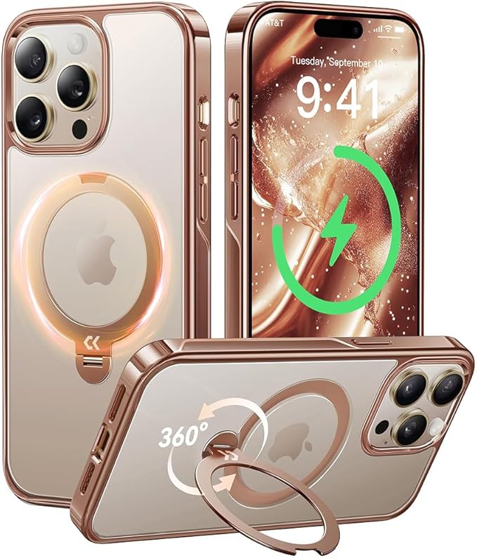 CASEKOO Desert Titanium for iPhone 14 Pro Max Case with 360° Spin Magnetic Stand [Compatible with Magsafe][16FT Military Protection] Polished Clear for iPhone 14 ProMax Case Ring 6.7'', Rose Gold