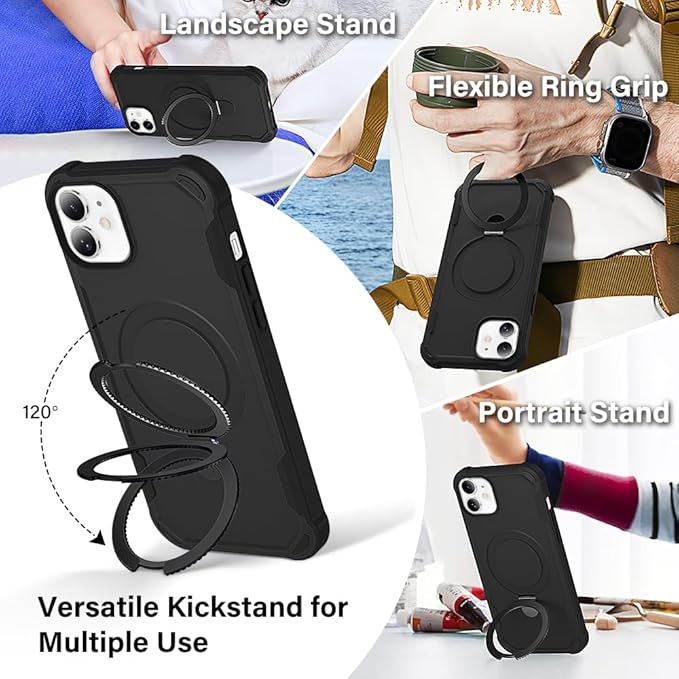 Designed for iPhone 12 & 12 Pro Case with Magnetic Stand [Military Drop Protection][Compatible with Magnet] Shockproof 12 & 12 Pro Phone Case with Ring Holder, Black