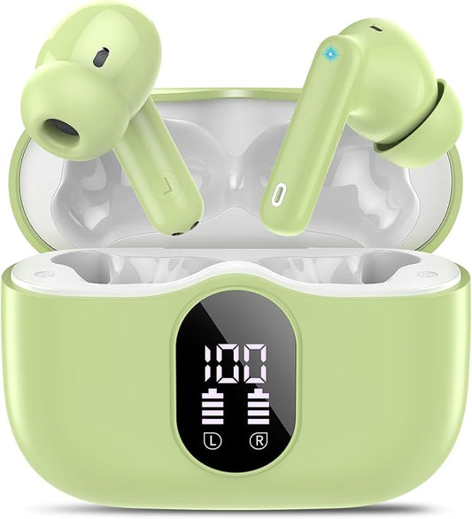 Wireless Earbuds, Bluetooth 5.4 Headphones Bass Stereo, Ear Buds with Noise Cancelling Mic, IP7 Waterproof in Ear Earphones, 36H LED Display Bluetooth Earbuds for Laptop Pad Phones Sports, Grass Green
