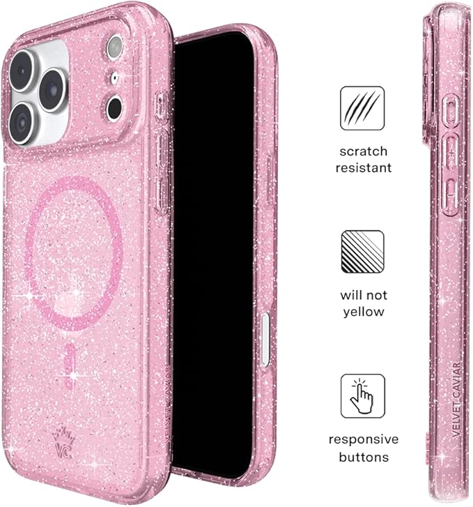 VELVET CAVIAR Case for iPhone 17 Pro | Compatible with MagSafe | 10ft Drop Tested | Protective Designer Cases | Pink Stardust Glitter