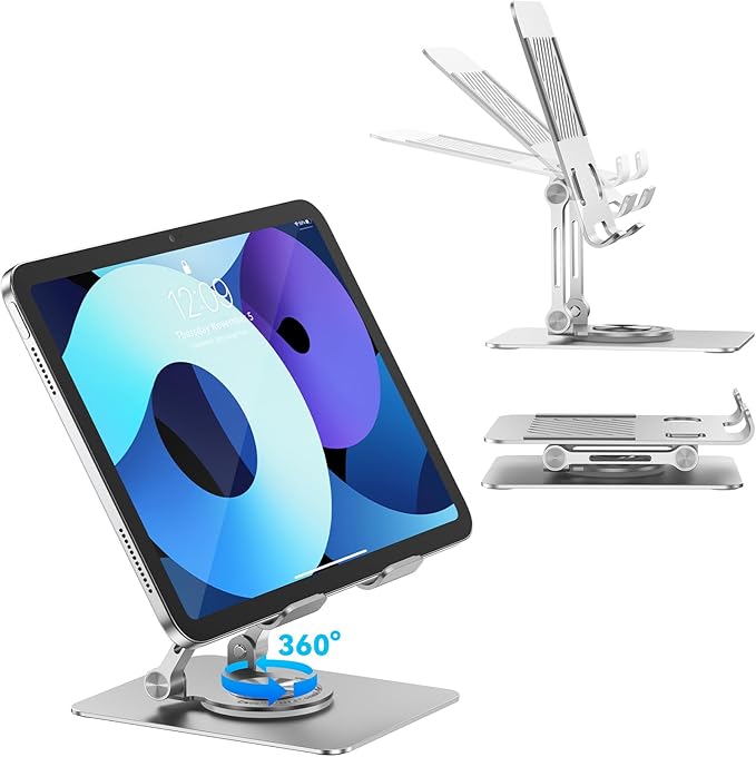 JUANWE Tablet Stand Holder with 360° Rotating Base, Adjustable Foldable iPad Stand, Aluminium Tablet Holder for Desk, Compatible with iPad Pro/Air//Mini, Switch, iPhone15 and More (4-13 inch)