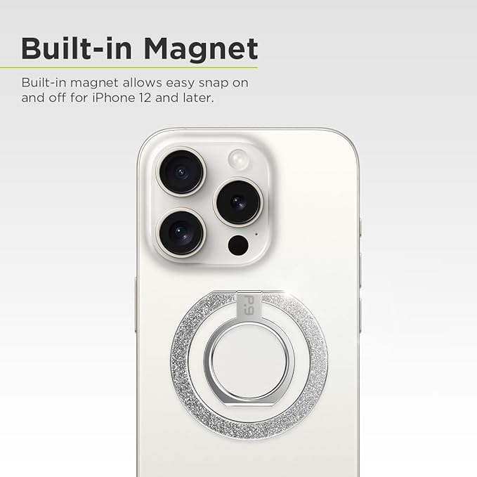 PureGear Magnetic Phone Grip Ring Stand, Magnetic Phone Ring Holder for MagSafe iPhone 16, 16 Pro, 16 Plus, 16 Pro Max, 15, 15 Plus, 14, 14 Pro, 14 Pro Max, 13, 12 Adjustable Kickstand(Silver Glitter)