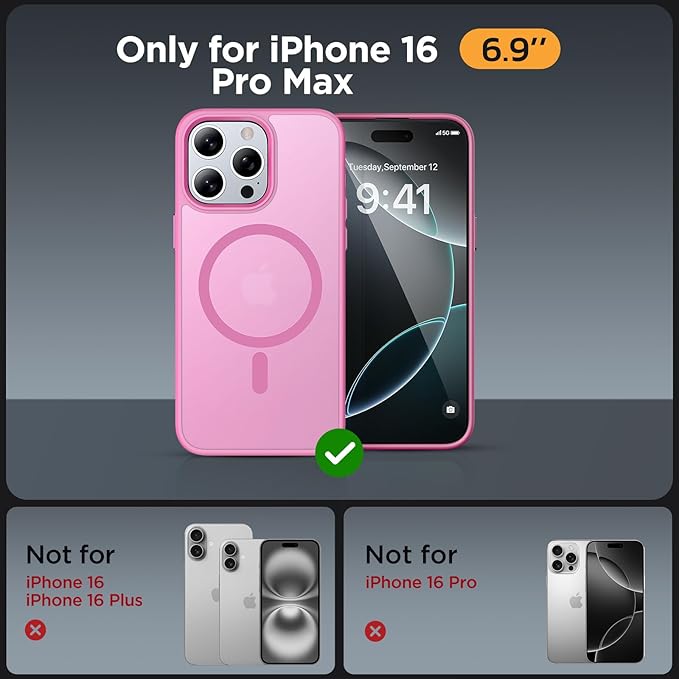 Miracase Magnetic Series for iPhone 16 Pro Max Case [Compatible with MagSafe] [with 2X Screen Protector] Military-Grade Protection, Slim Phone Case for 16 Pro Max 6.9 inch - Mes Pink