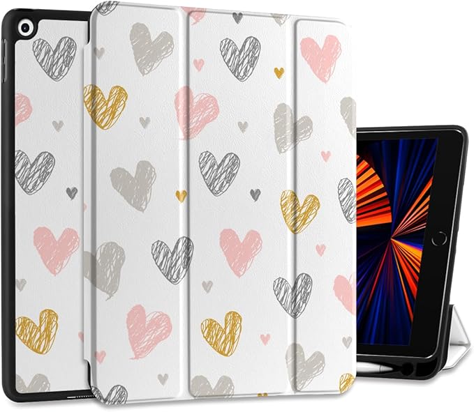 DONGKE Case Compatible with iPad 10.2 Inch 2021 2020 2019 iPad 9th/8th/7th Generation with Pencil Holder, Slim Stand Protective Case with Soft TPU Back, Auto Sleep/Wake Cover, Cute Hearts