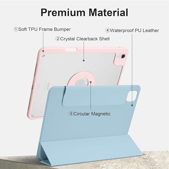 Case for iPad Air 13 Inch M3/M2 2025/2024, iPad Pro 12.9 Inch 6th/5th Generation 2022/2021 with Pencil Holder,Vertical Stand,Detachable Magnetic Trifold Stand Case,Auto Wake/Sleep,Ice Blue+Pink