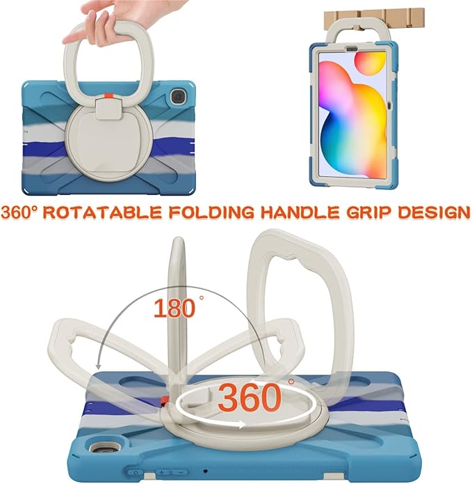 360 Rotation Case for Samsung Galaxy Tab S6 Lite 10.4" Sturdy Cover Rotate Ring Stand Shoulder Carrying Strap Hand Strap Rugged Children Adults Outdoor Case (Colourful Blue)