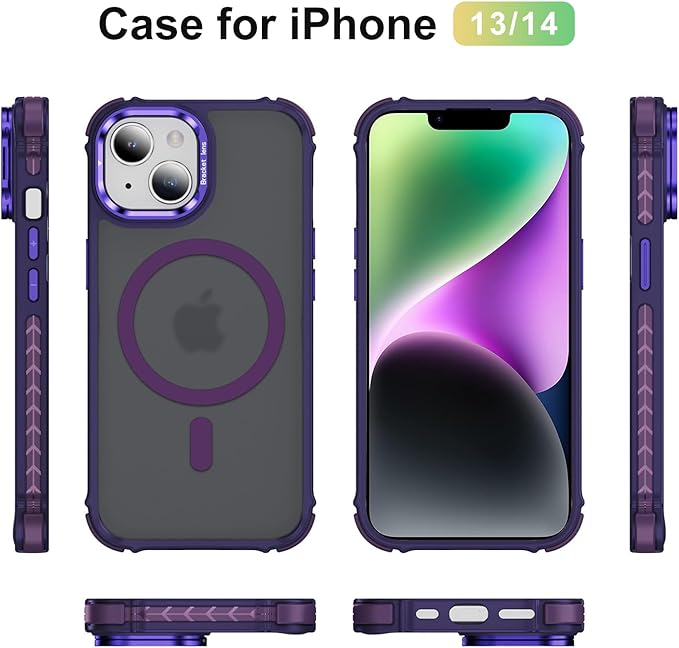 Magnetic for iPhone 14 Case/iPhone 13 Case Purple with MagSafe Wireless Charging Military-Grade Shockproof Protection Adjustable Kickstand Slim Matte Anti-Fingerprint Cover Men Women