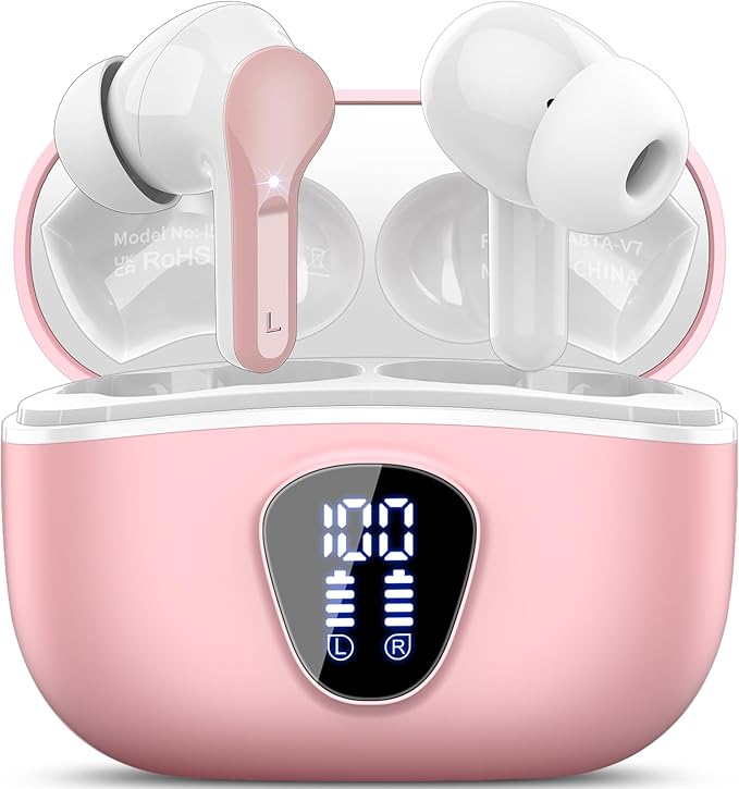 Wireless Earbuds, Bluetooth 5.4 Headphones HiFi Stereo, Bluetooth Earbuds with ENC Noise Cancelling Mic, IP7 Waterproof in Ear Earphones, 48H, LED Display Ear buds for Pad Phone Workout Sports, Pink