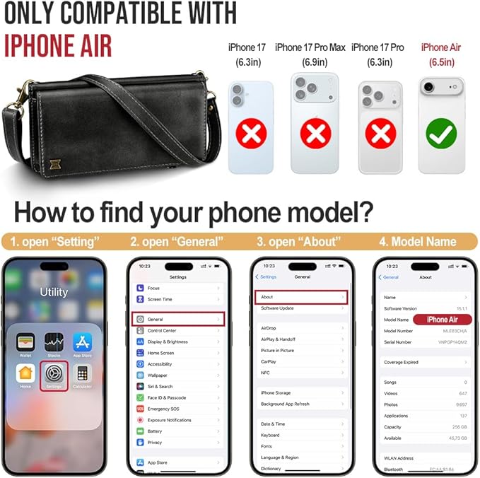 for iPhone Air Wallet Phone Case with 8 Card Holder,RFID Blocking | PU Leather | Kickstand | Flip | Wrist Strap&Shoulder Strap | Shockproof | Zipper Wallet | Women Men | 6.5" | Black