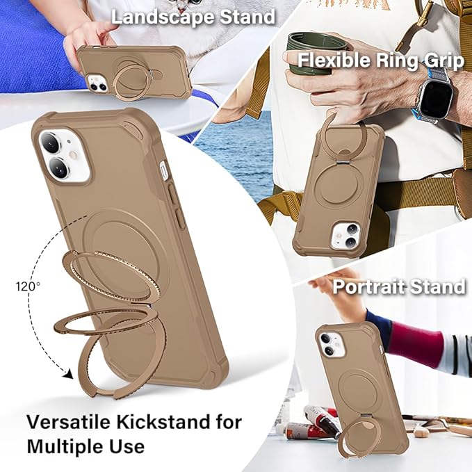 Designed for iPhone 12 & 12 Pro Case with Magnetic Stand [Military Drop Protection][Compatible with Magnet] Shockproof 12 & 12 Pro Phone Case with Ring Holder, Khaki