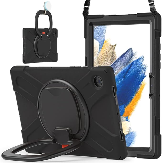 360 Rotation Case for Galaxy Tab A8 10.5" Sturdy Cover Rotate Ring Stand Shoulder Carrying Strap Hand Strap Rugged Children Adults Outdoor Case, Black