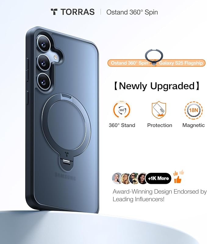 TORRAS 360° Spin for Samsung Galaxy S25 Case with Stand, Fit for MagSafe, 3X Military Grade Protective, Rotatable Kickstand for Samsung S25 Case, Magnetic Ring Slim Hard Cover, Matte Black 6.2''