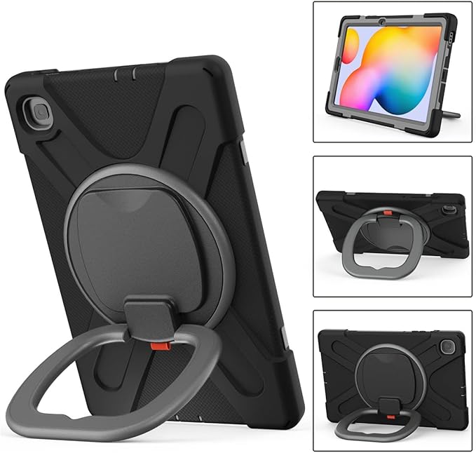 360 Rotation Case for Samsung Galaxy Tab S6 Lite 10.4" Sturdy Cover Rotate Ring Stand Shoulder Carrying Strap Hand Strap Rugged Children Adults Outdoor Case (Black+Gray)