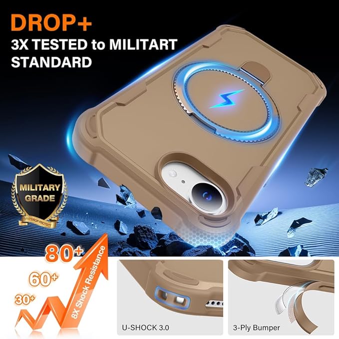 Designed for iPhone 16E Case with Magnetic Stand [Military Drop Protection][Compatible with Magnet] Shockproof 16E Phone Case with Ring Holder, Khaki