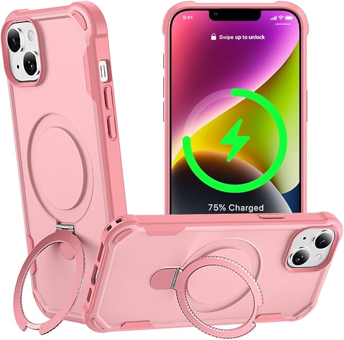 Designed for iPhone 14 Plus Case with Magnetic Stand [Military Drop Protection][Compatible with Magnet] Shockproof 14 Plus Phone Case with Ring Holder, Pink