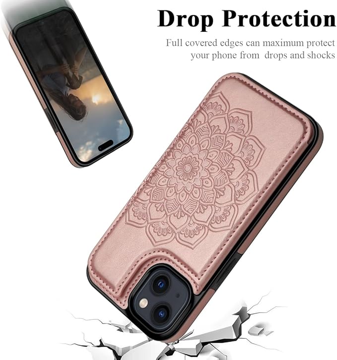 MMHUO for iPhone 15 Case with Card Holder, Flower Magnetic Back Flip Case for iPhone 15 Wallet Case for Women, Protective Case Phone Case for iPhone 15,Rose Gold