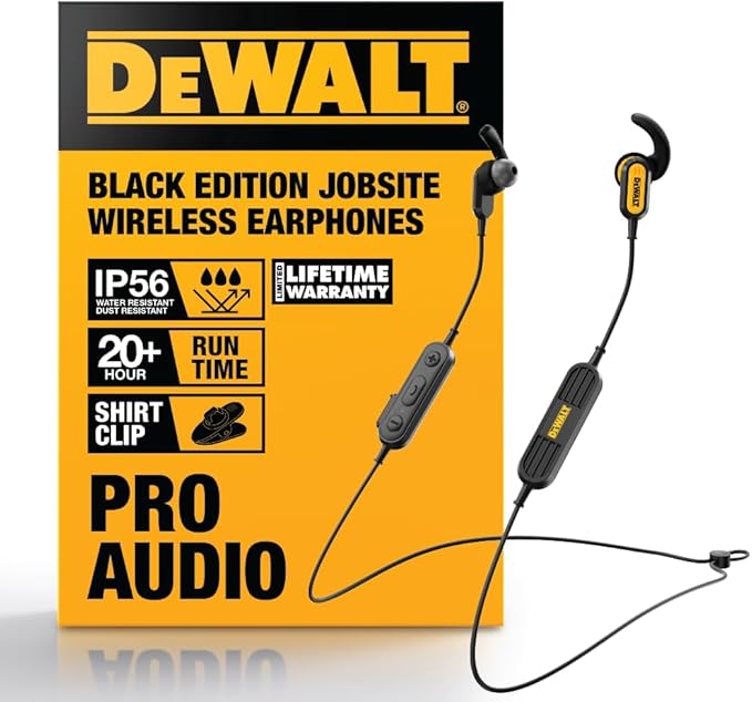 DEWALT Heavy Duty Neckband Bluetooth Earbuds - Black Special Edition Wireless Bluetooth 5.2 Headphones w/Microphone, Lightweight Comfort, IP56 Waterproof, Deep Bass, 20H Jobsite Behind-Neck Earphones