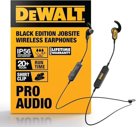 DEWALT Heavy Duty Neckband Bluetooth Earbuds - Black Special Edition Wireless Bluetooth 5.2 Headphones w/Microphone, Lightweight Comfort, IP56 Waterproof, Deep Bass, 20H Jobsite Behind-Neck Earphones