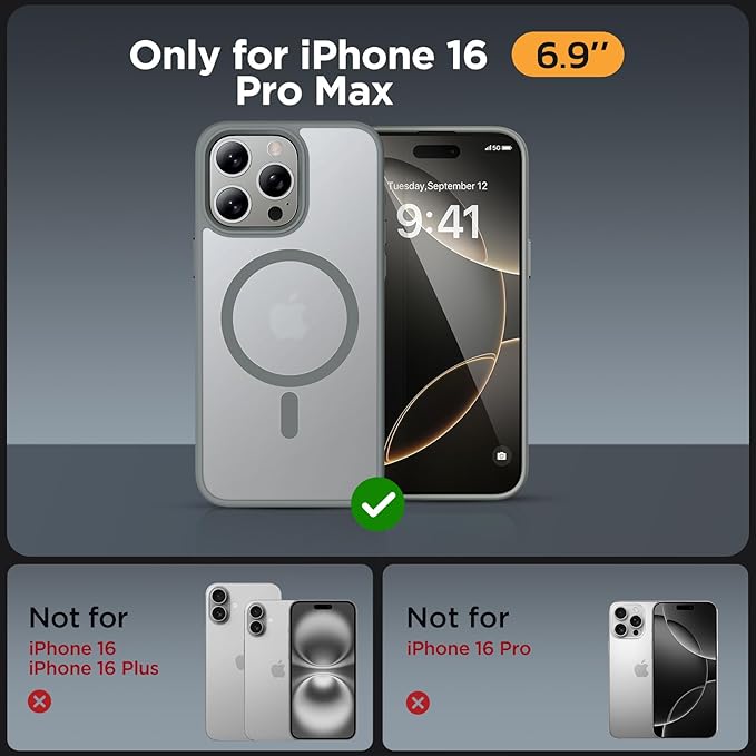 Miracase Magnetic Series for iPhone 16 Pro Max Case [Compatible with MagSafe] [with 2X Screen Protectors] Military-Grade Protection, Anti-Fingerprint, Slim Phone Case for 16 Pro Max 6.9 inch - Gray