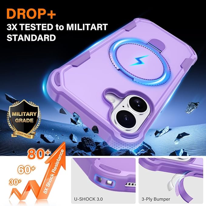 Designed for iPhone 17 Case with Magnetic Stand [Military Drop Protection][Compatible with Magnet] Shockproof 17 Phone Case with Ring Holder, Purple