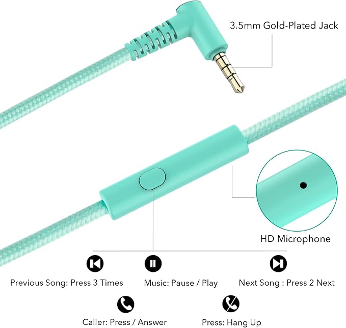 RORSOU R10 Over-Ear Headphones with Microphone Lightweight Folding Stereo Bass Headset with 1.5M No-Tangle Cord Portable Wired Headphones for Smartphone Tablet Computer Green