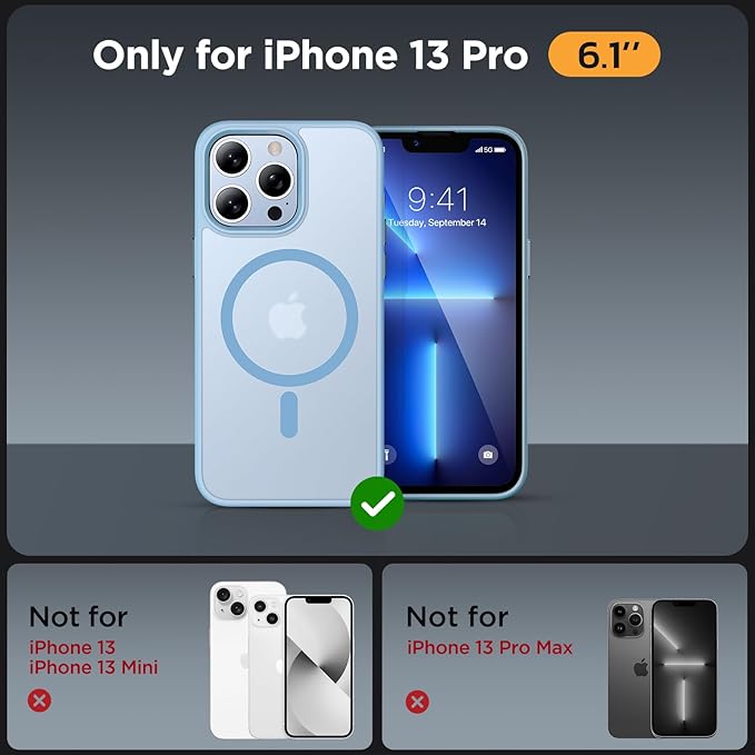 Miracase Magnetic for iPhone 13 Pro Case 6.1 inch (Compatible with MagSafe)（with 2X Screen Protectors）Military-Grade Protection, Anti-Fingerprint Translucent Matte Phone Case Cover, Light Blue